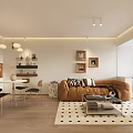 Modern Open Dining Living Room Interior With Dining Table Chairs Pendant Lights And Wall Shelves