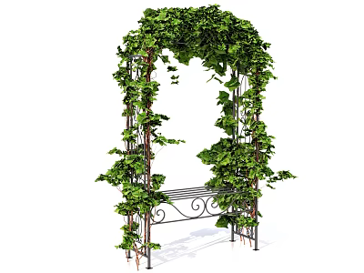 Lush Green Decorative Vines Covered Garden Archway With Metal Bench Underneath 3d model