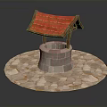 Stone Well Structure With Red Tiled Roof And Circular Stone Pavement