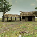 Traditional Thatched Cottage With Open Veranda And Green Trees On Grassland