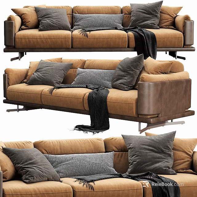 Modern Brown Sofa With Gray Pillows And Black Throw Blanket 3d model 