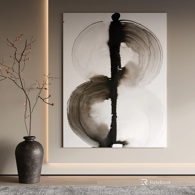 Interior Decor With Traditional Vase Branches And Abstract Ink Painting 3d model 