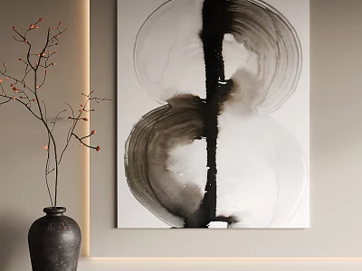 Interior Decor With Traditional Vase Branches And Abstract Ink Painting 3d model
