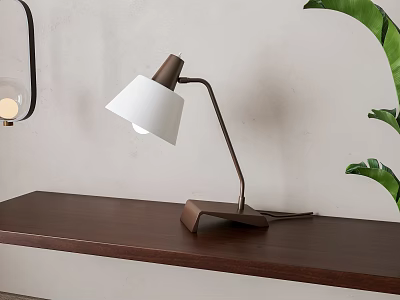 Modern Table Lamp With White Shade Brown Curved Arm On Wooden Table And Green Plant 3d model