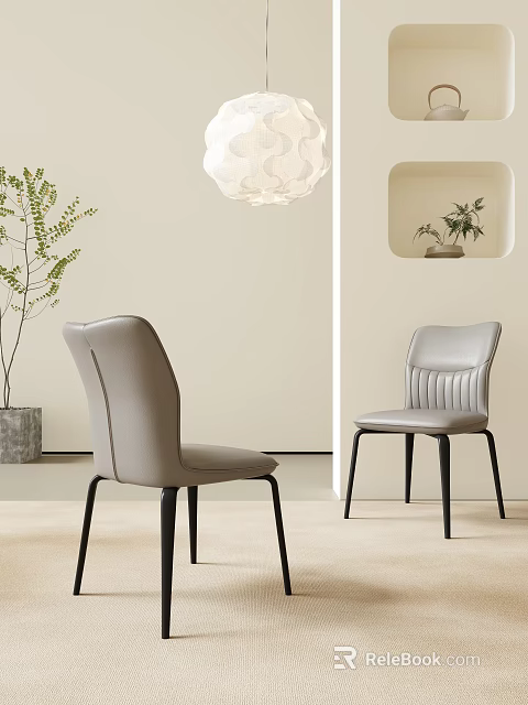 Two Modern Light Gray Dining Chairs With Black Legs In Minimalist Room With Pendant Light 3d model 