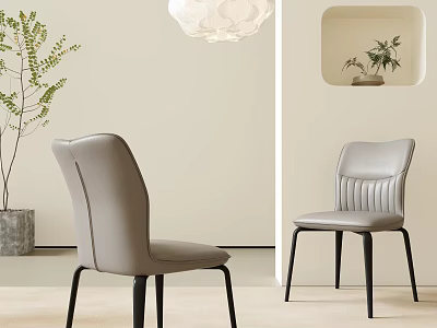 Two Modern Light Gray Dining Chairs With Black Legs In Minimalist Room With Pendant Light 3d model