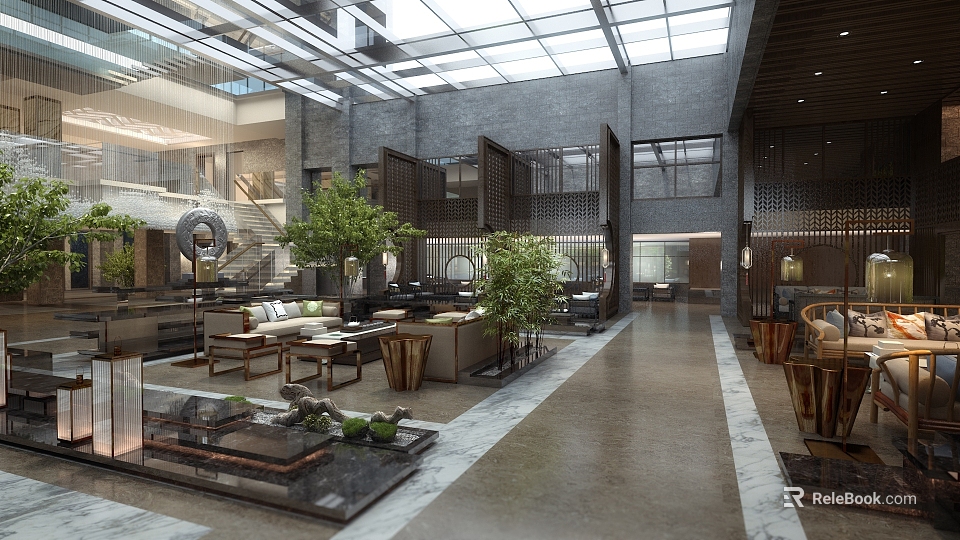 Spacious Hotel Public Lounge Area with Glass Roof Indoor Plants and Comfortable Seating 3d model 