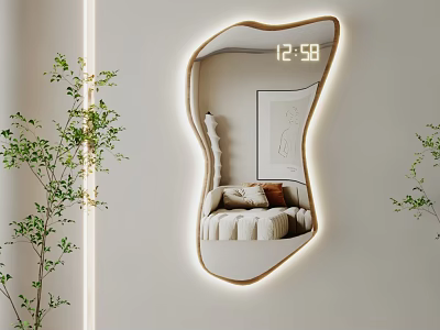 Irregular Shaped LED Lighted Mirror With Time Display In Modern Living Room 3d model