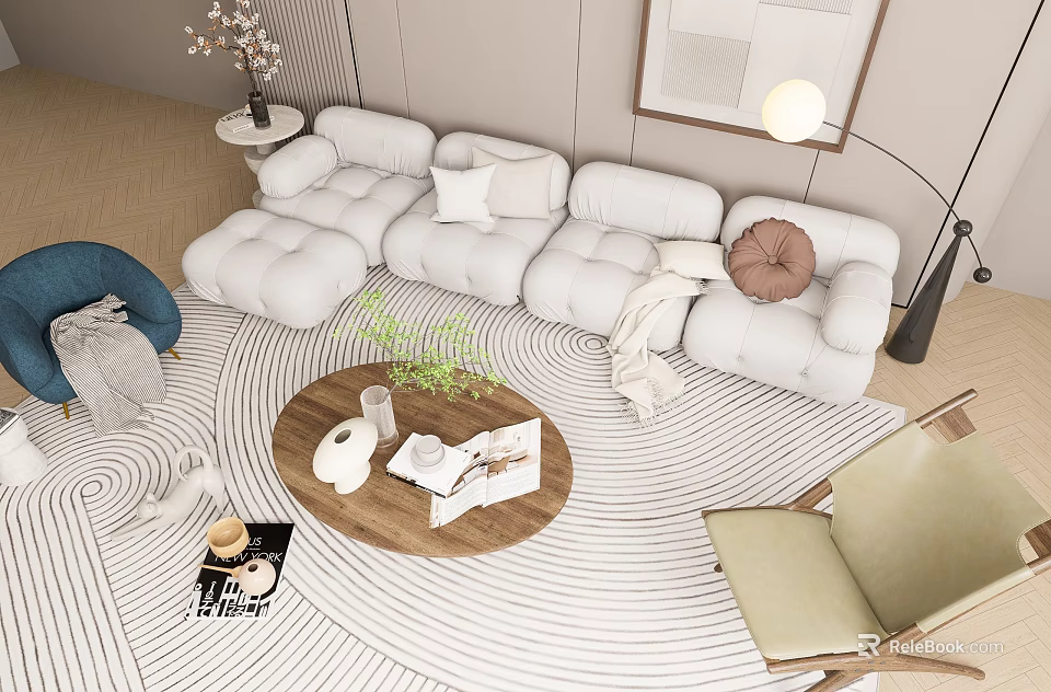 Modern Living Room With Cozy White L shaped Sofa And Round Wooden Coffee Table Set 3d model 