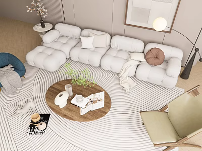 Modern Living Room With Cozy White L shaped Sofa And Round Wooden Coffee Table Set 3d model