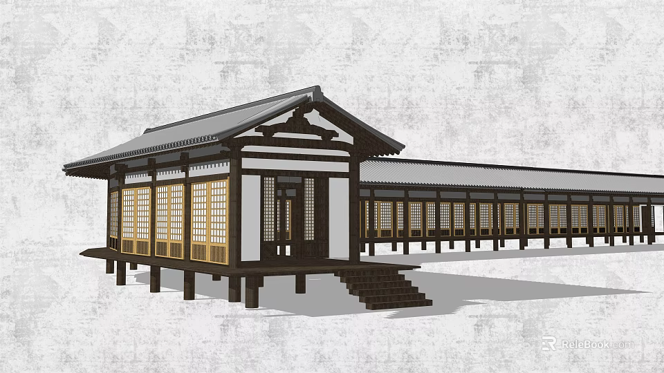 Traditional Wooden Pergola Featuring Gray Tile Roof Lattice Windows And Stone Steps 3d model 