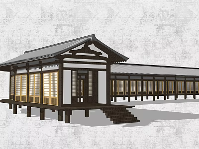 Traditional Wooden Pergola Featuring Gray Tile Roof Lattice Windows And Stone Steps 3d model