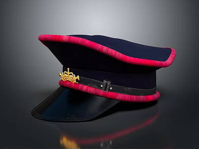 Dark Blue Hat With Red Trim Golden Crown And Leather Brim 3d model