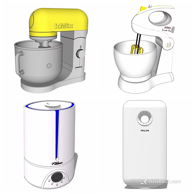 Essential Modern Kitchen Appliances With Yellow Stand Mixer White Blender And Food Processor 3d model 