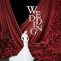 Romantic Wedding Photo Check in Spot With Red Curtains Flower Walls And Bride