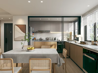 Modern Open Concept Restaurant Interior With Dining Table Chairs Kitchen Cabinets And Plants 3d model