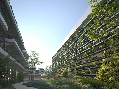 Modern Office Building With Green Plant Walls Glass Curtain Facade And Courtyard 3d model