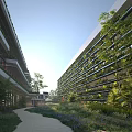 Modern Office Building With Green Plant Walls Glass Curtain Facade And Courtyard
