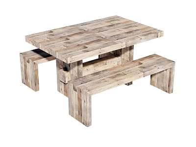 Rustic Solid Wood Dining Table and Bench Set with Natural Finish Design 3d model