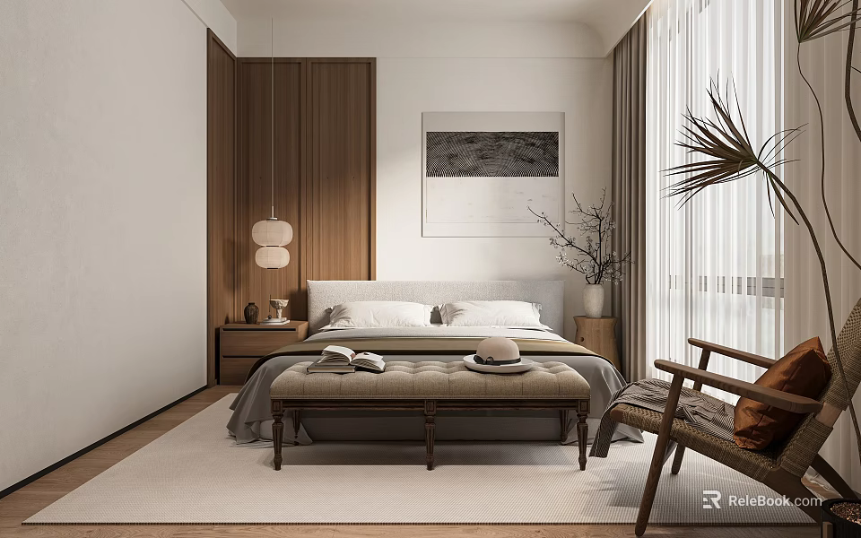 Modern Bedroom Interior Design With Wooden Accents Bed Bench And Wall Art 3d model 