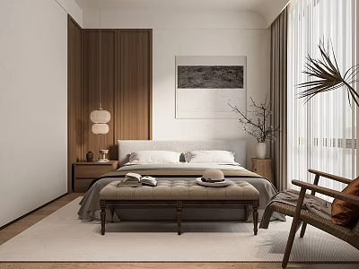 Modern Bedroom Interior Design With Wooden Accents Bed Bench And Wall Art 3d model