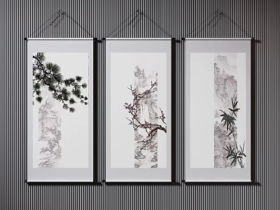 Traditional Chinese Hanging Scroll Paintings With Pine Plum Bamboo For Wall Decor 3d model
