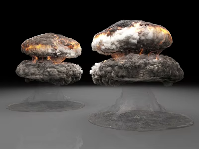 Mushroom Cloud Like Structures with Burned Texture Transparent Base and Smoke Effect 3d model