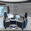 Modern Monitoring Room With Multiple Screens Control Console Ergonomic Chairs Blue Lighting And Geometric Walls
