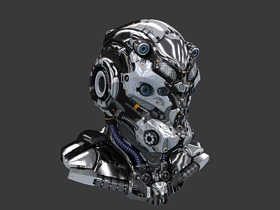 Futuristic 3D Rendered Mechanical Cyberpunk Head With Metallic Gears Pipes And Eye Components 3d model