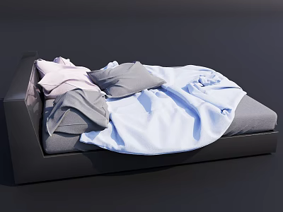 Modern Minimalist Double Bed With Black Frame And Soft Light Pink Gray Blue Bedding 3d model