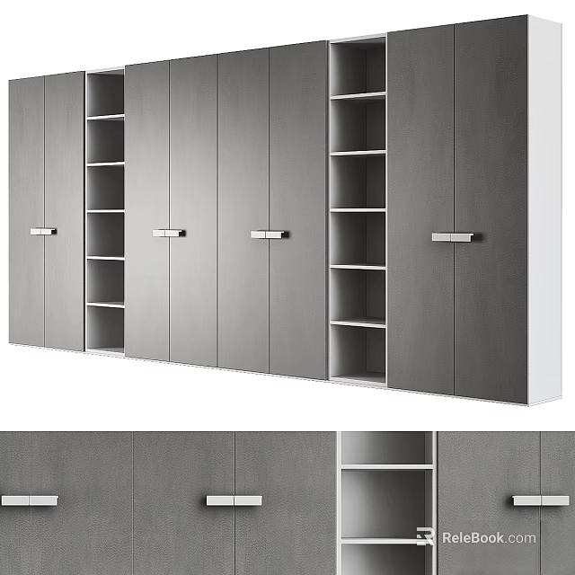 Modern Grey Storage Dresser with Multiple Cabinet Doors and Open Shelves 3d model 