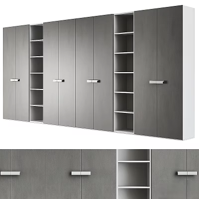 Modern Grey Storage Dresser with Multiple Cabinet Doors and Open Shelves 3d model