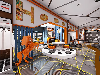 Modern Clothing Store Interior With Orange Lion Sculpture Round Display Platform Blue Partition Geometric Floor 3d model