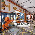Modern Clothing Store Interior With Orange Lion Sculpture Round Display Platform Blue Partition Geometric Floor