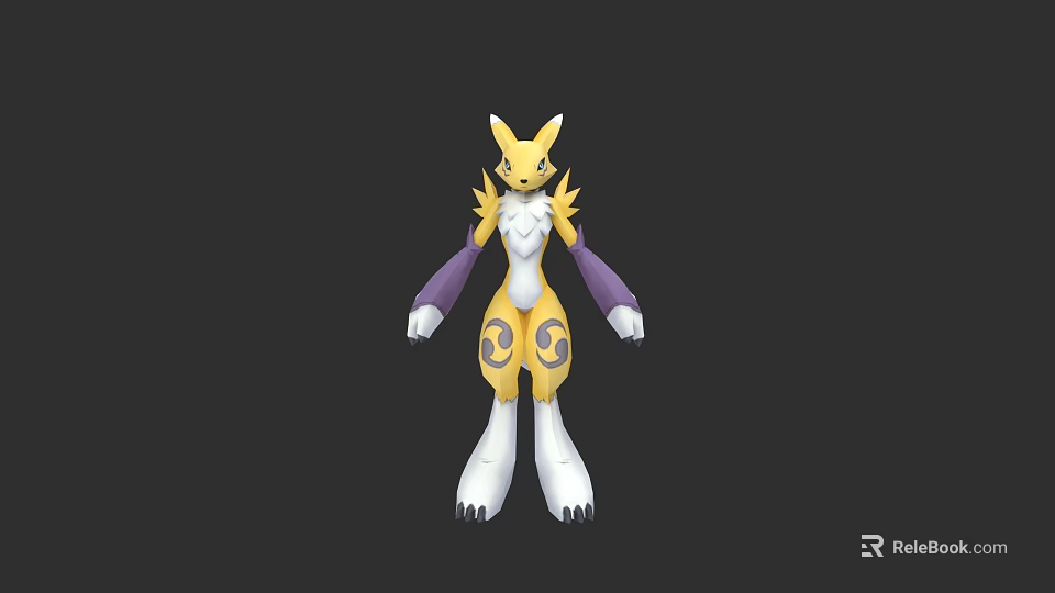 Animated Fantasy Character With Yellow White Body Purple Arms And Circular Patterns Standing Pose 3d model 