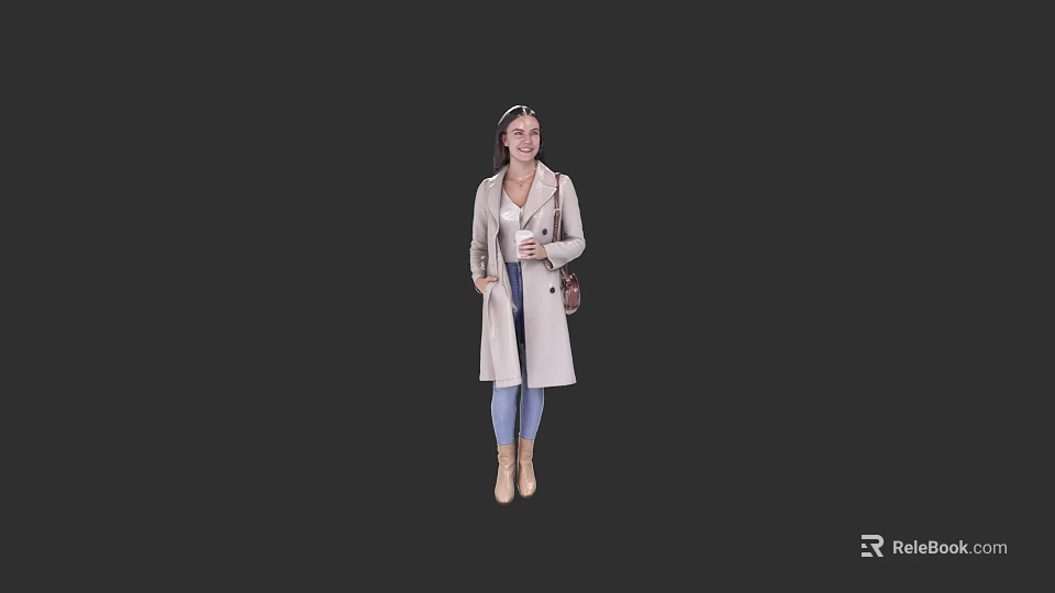 Stylish Woman In Beige Trench Coat With Leather Handbag And Headband 3d model 