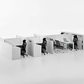 Sleek Modern Office Workstations in Open Layout with White Partitions and Black Chairs