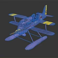 Blue And Yellow Seaplane Passenger Plane With Biplane Wings Floats And Propeller