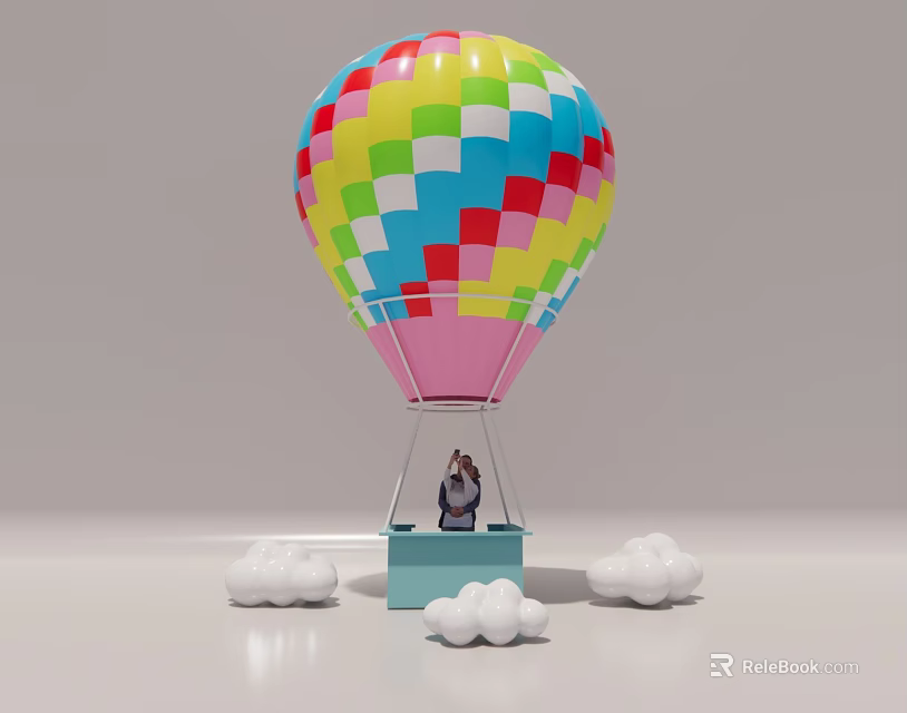 Colorful Checkered Hot Air Balloon Photo Spot With Blue Basket And White Clouds 3d model 