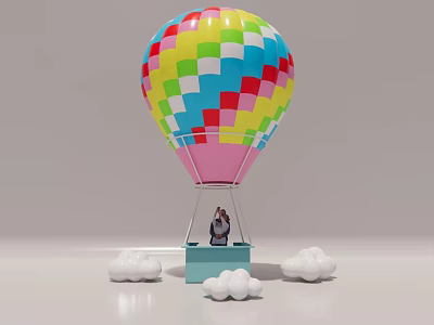 Colorful Checkered Hot Air Balloon Photo Spot With Blue Basket And White Clouds 3d model