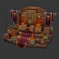 Ornate Commercial Display Platform With Decorative Lamps Storage Barrels And Red Orange Elements