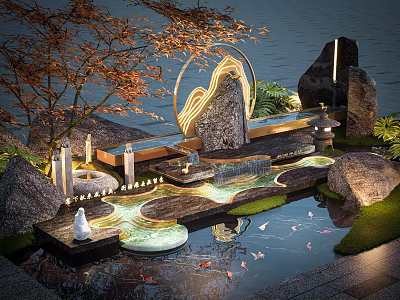 Serene Courtyard Landscape With Water Feature Rockery Koi Fish Stone Lantern And Red Leaf Tree 3d model