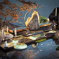 Serene Courtyard Landscape With Water Feature Rockery Koi Fish Stone Lantern And Red Leaf Tree