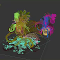 Vibrant Plants With Purple Blooms Green And Red Striped Leaves Brown Pot And Red Fragments