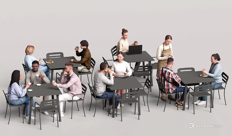 Group of People Dining Working and Chatting in Modern Cafe with Tables and Chairs 3d model 