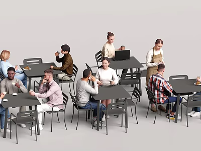 Group of People Dining Working and Chatting in Modern Cafe with Tables and Chairs 3d model