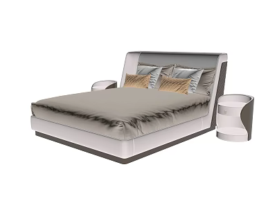 Modern Double Bed With Upholstered Headboard Gray Bedding Decorative Pillows And Side Nightstand 3d model