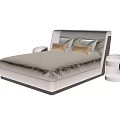 Modern Double Bed With Upholstered Headboard Gray Bedding Decorative Pillows And Side Nightstand