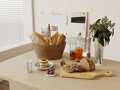 Assorted Breads In Woven Basket With Pancakes And Figs On Table 3d model