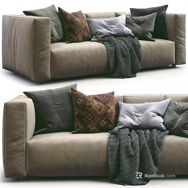 Comfortable Sectional Sofa With Gray Brown Pillows And Cozy Knit Blanket 3d model